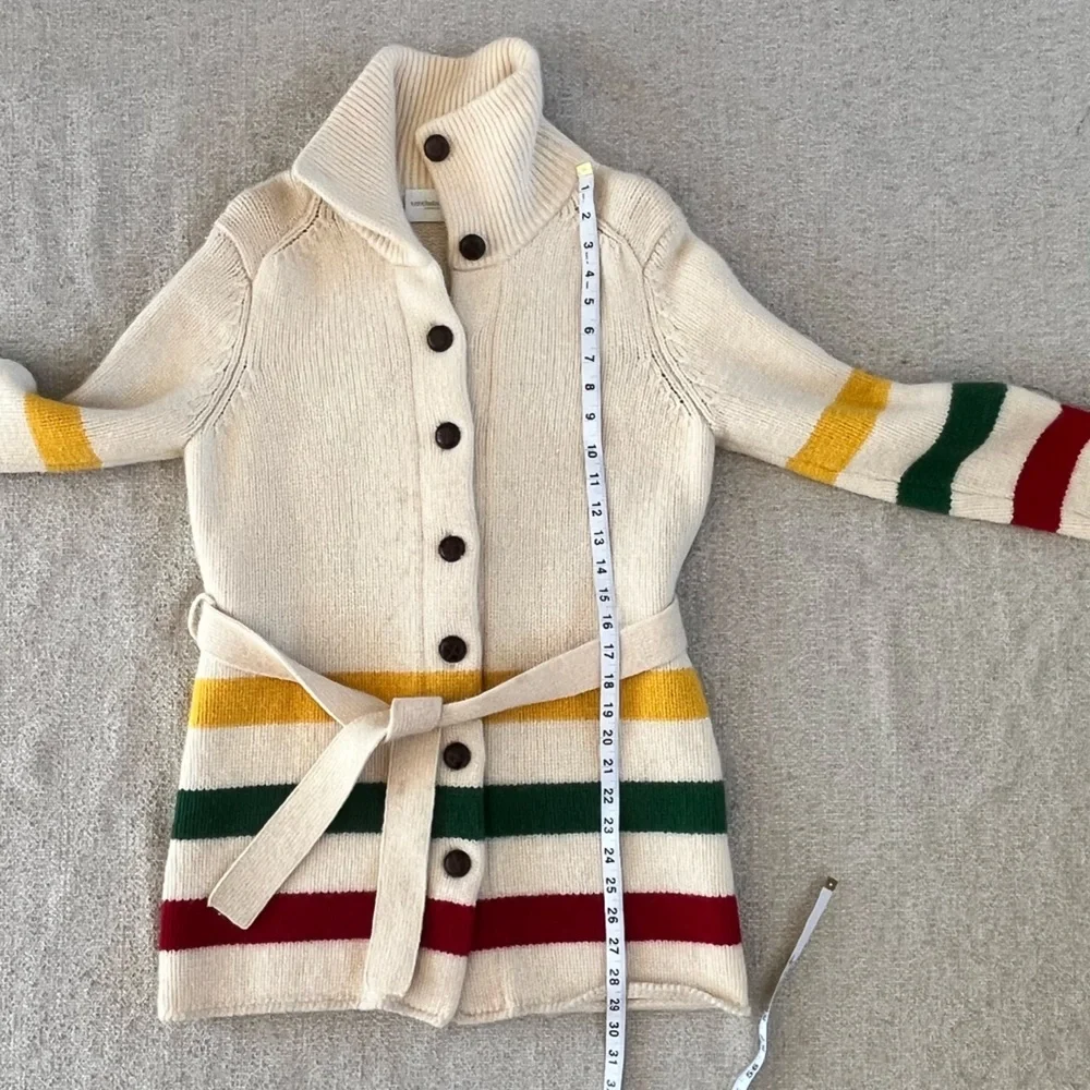 Liz Claiborne Vtg lambs wool blend tie waist sweater, Hudson Bay stripe design - Picture 9 of 16